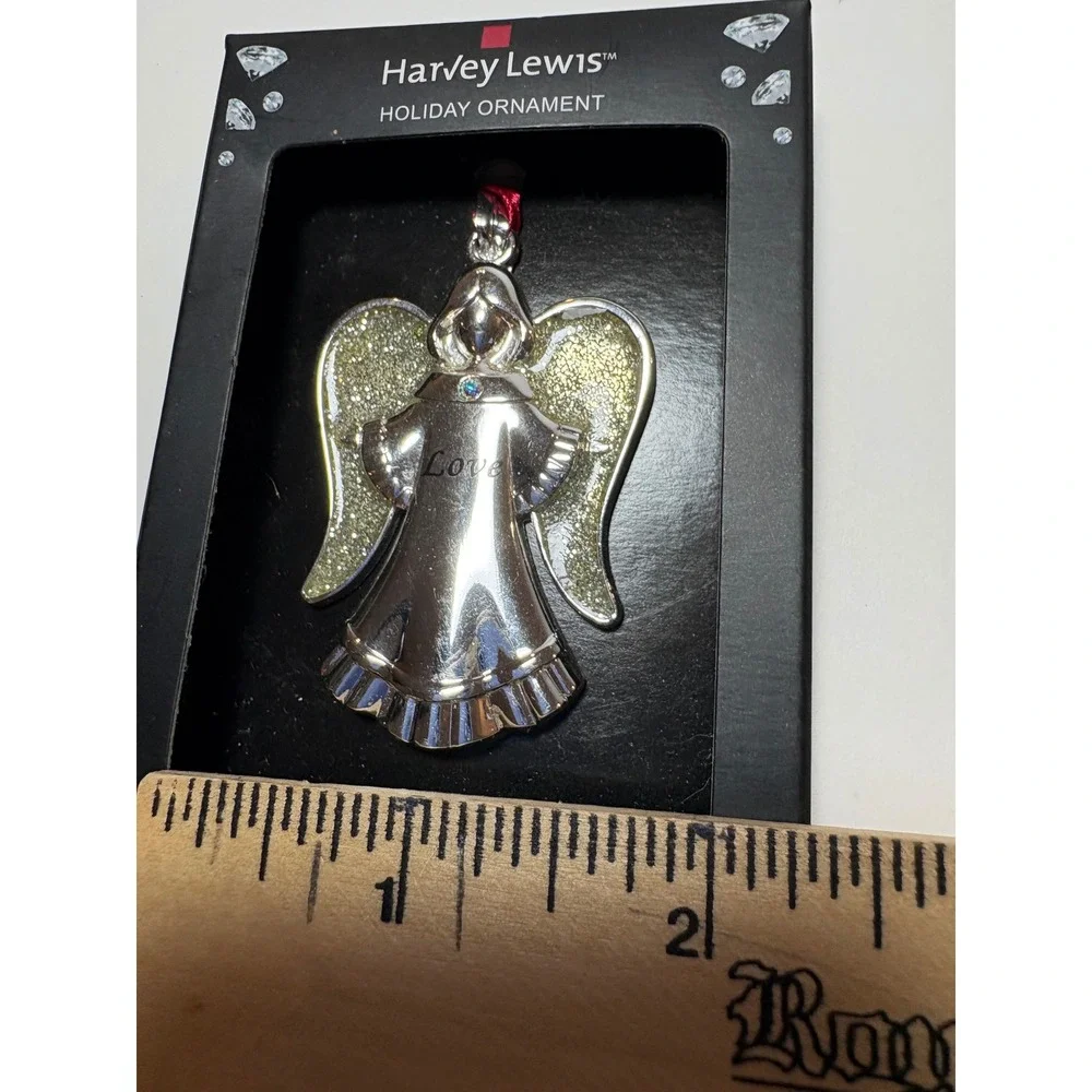 Harvey Lewis Angel Holiday Ornament Silver Tone Love Swarovski Crystal Glitter